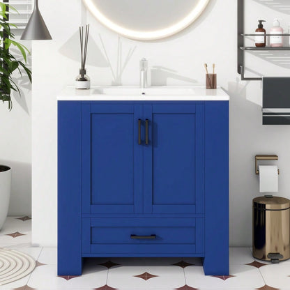 Badezimmerschrank mit Keramikwaschbecken, bodenstehend mit 2 Türen & geräuschlosen Schubladen, 76x46x78,5 cm, blau - inkl. Waschtisch & Seitenregalen