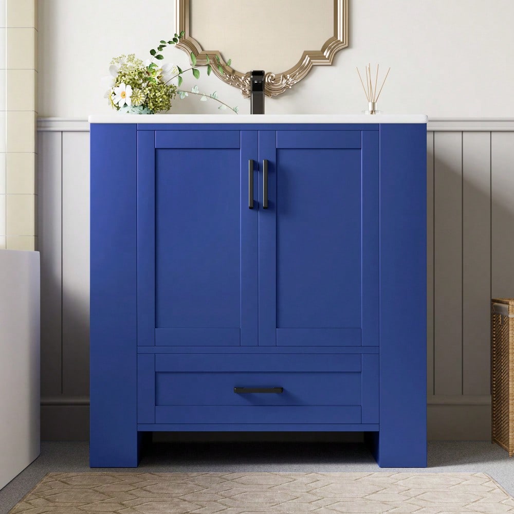 Badezimmerschrank mit Keramikwaschbecken, bodenstehend mit 2 Türen & geräuschlosen Schubladen, 76x46x78,5 cm, blau - inkl. Waschtisch & Seitenregalen