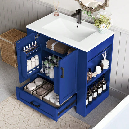 Badezimmerschrank mit Keramikwaschbecken, bodenstehend mit 2 Türen & geräuschlosen Schubladen, 76x46x78,5 cm, blau - inkl. Waschtisch & Seitenregalen