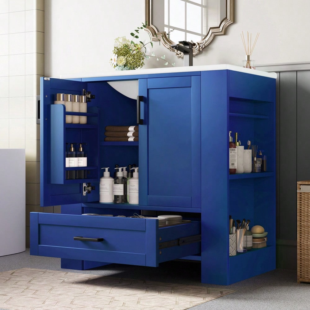 Badezimmerschrank mit Keramikwaschbecken, bodenstehend mit 2 Türen & geräuschlosen Schubladen, 76x46x78,5 cm, blau - inkl. Waschtisch & Seitenregalen