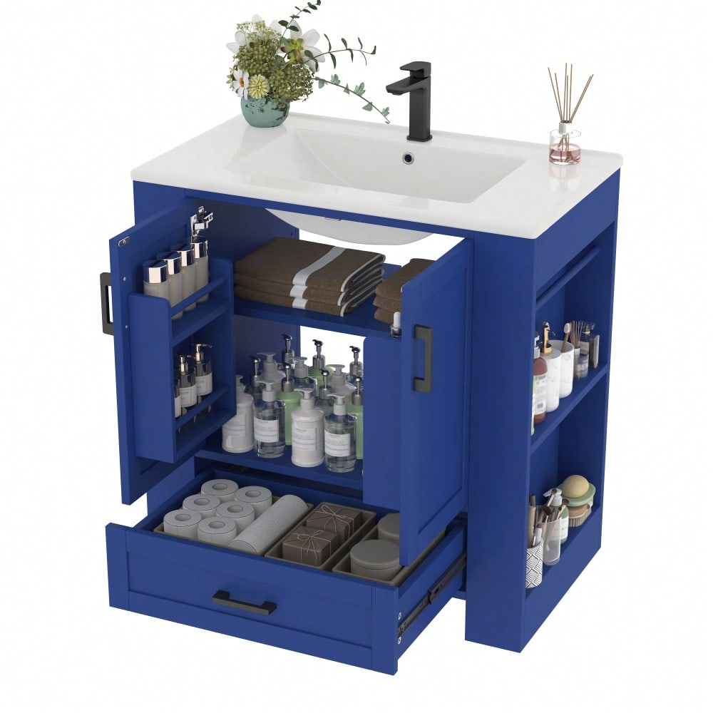 Badezimmerschrank mit Keramikwaschbecken, bodenstehend mit 2 Türen & geräuschlosen Schubladen, 76x46x78,5 cm, blau - inkl. Waschtisch & Seitenregalen