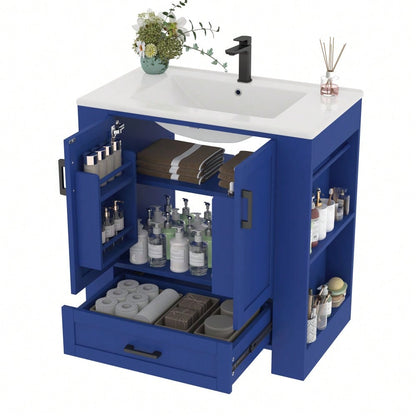Badezimmerschrank mit Keramikwaschbecken, bodenstehend mit 2 Türen & geräuschlosen Schubladen, 76x46x78,5 cm, blau - inkl. Waschtisch & Seitenregalen