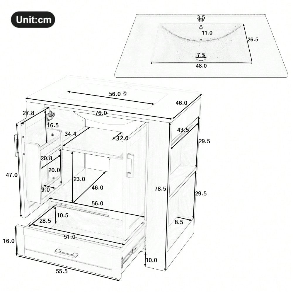 Badezimmerschrank mit Keramikwaschbecken, bodenstehend mit 2 Türen & geräuschlosen Schubladen, 76x46x78,5 cm, blau - inkl. Waschtisch & Seitenregalen