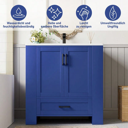 Badezimmerschrank mit Keramikwaschbecken, bodenstehend mit 2 Türen & geräuschlosen Schubladen, 76x46x78,5 cm, blau - inkl. Waschtisch & Seitenregalen