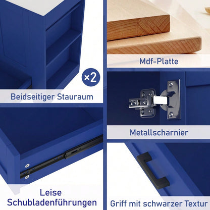 Badezimmerschrank mit Keramikwaschbecken, bodenstehend mit 2 Türen & geräuschlosen Schubladen, 76x46x78,5 cm, blau - inkl. Waschtisch & Seitenregalen