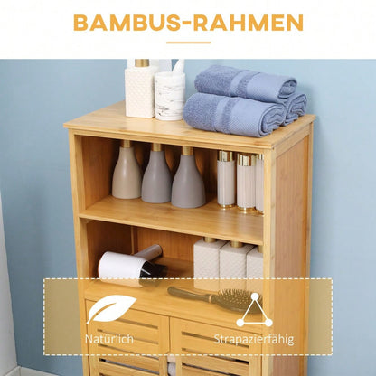 Badezimmerschrank aus Bambus mit Lamellentüren & Kippschutz, Landhausstil Unterschrank für Bad, vielseitig - von kleankin