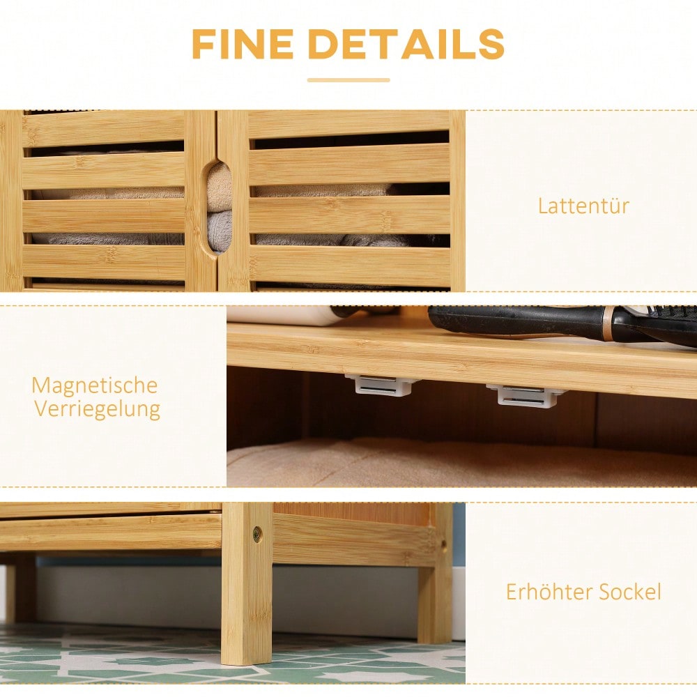 Badezimmerschrank aus Bambus mit Lamellentüren & Kippschutz, Landhausstil Unterschrank für Bad, vielseitig - von kleankin