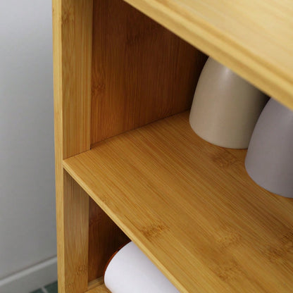 Badezimmerschrank aus Bambus mit Lamellentüren & Kippschutz, Landhausstil Unterschrank für Bad, vielseitig - von kleankin