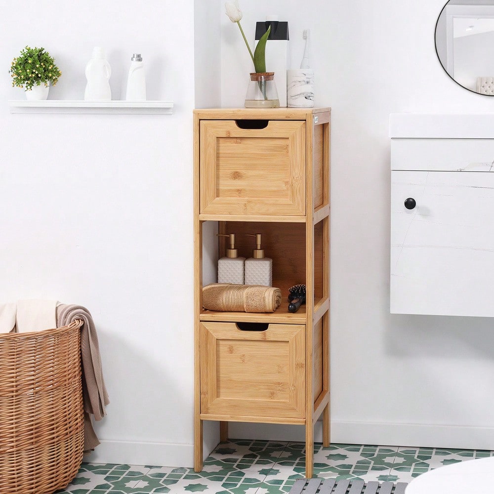 Badezimmerschrank aus Bambus mit 2 Schubladen & Kippschutz, Landhausstil Unterschrank für Bad, platzsparend - von kleankin