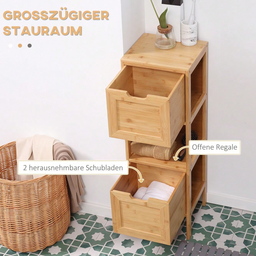Badezimmerschrank aus Bambus mit 2 Schubladen & Kippschutz, Landhausstil Unterschrank für Bad, platzsparend - von kleankin