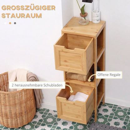 Badezimmerschrank aus Bambus mit 2 Schubladen & Kippschutz, Landhausstil Unterschrank für Bad, platzsparend - von kleankin
