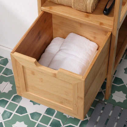 Badezimmerschrank aus Bambus mit 2 Schubladen & Kippschutz, Landhausstil Unterschrank für Bad, platzsparend - von kleankin