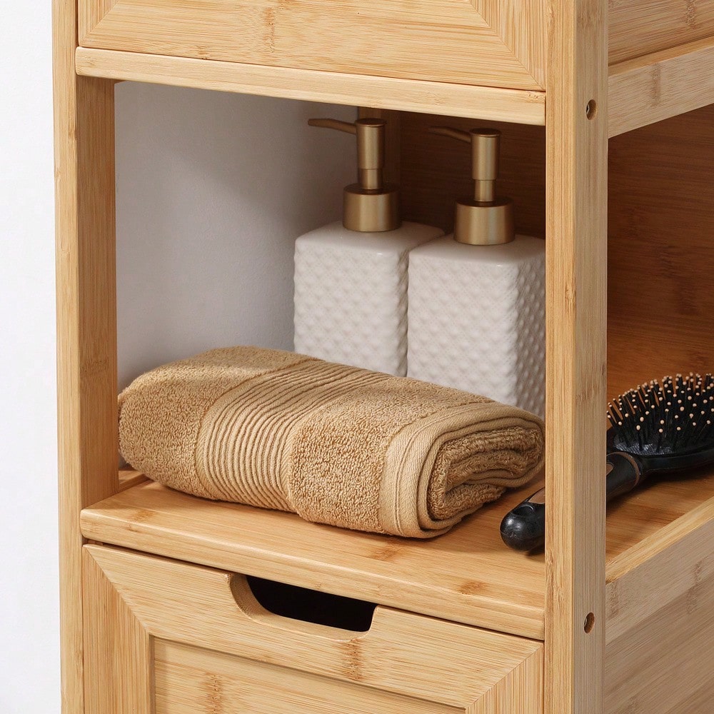 Badezimmerschrank aus Bambus mit 2 Schubladen & Kippschutz, Landhausstil Unterschrank für Bad, platzsparend - von kleankin