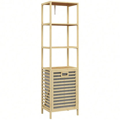 Badregal aus Bambus mit 3 offenen Ablagen & Stoffkorb, platzsparend mit Kippschutz, 44x33x160 cm, natürlich - von HOMCOM
