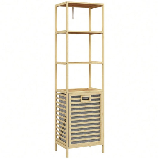 Badregal aus Bambus mit 3 offenen Ablagen & Stoffkorb, platzsparend mit Kippschutz, 44x33x160 cm, natürlich - von HOMCOM