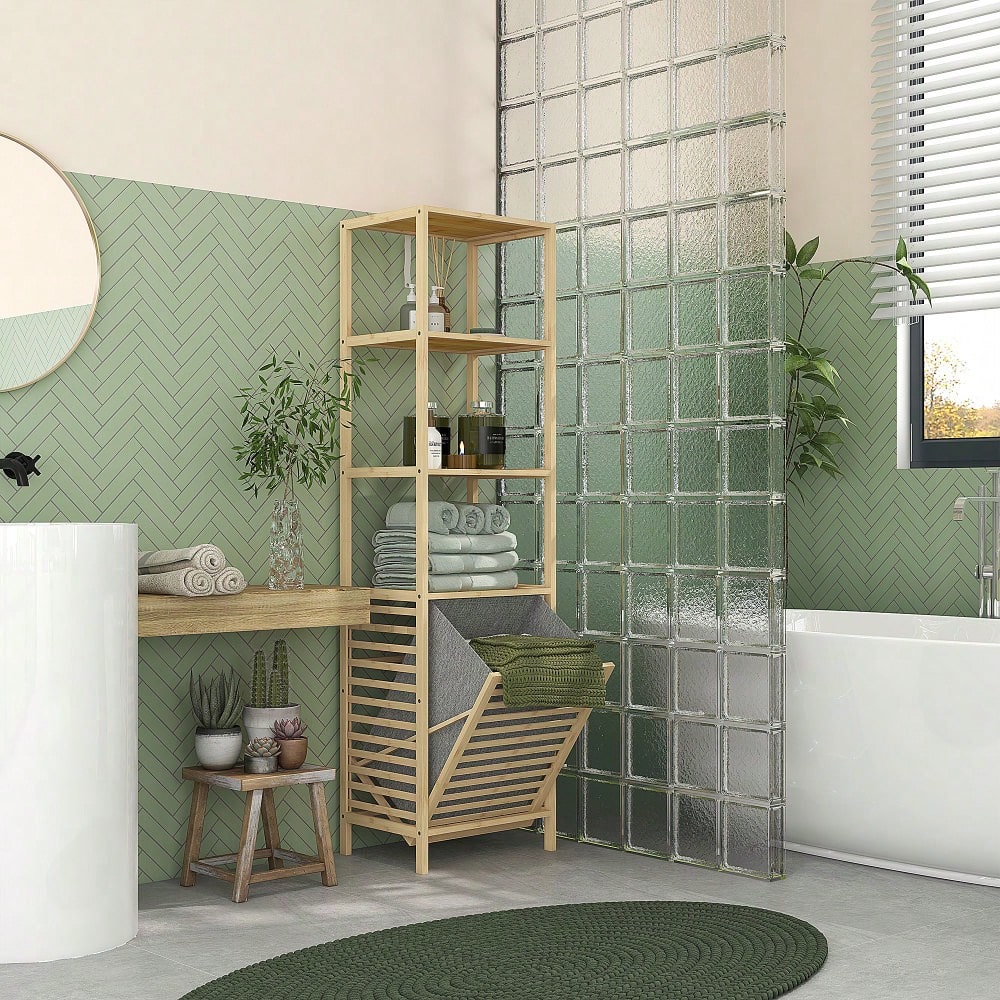 Badregal aus Bambus mit 3 offenen Ablagen & Stoffkorb, platzsparend mit Kippschutz, 44x33x160 cm, natürlich - von HOMCOM