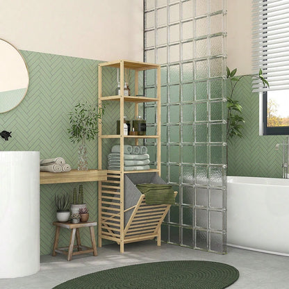 Badregal aus Bambus mit 3 offenen Ablagen & Stoffkorb, platzsparend mit Kippschutz, 44x33x160 cm, natürlich - von HOMCOM