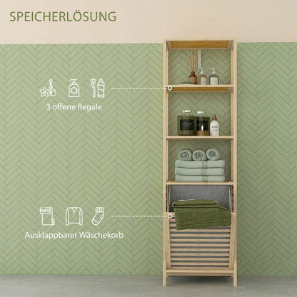 Badregal aus Bambus mit 3 offenen Ablagen & Stoffkorb, platzsparend mit Kippschutz, 44x33x160 cm, natürlich - von HOMCOM