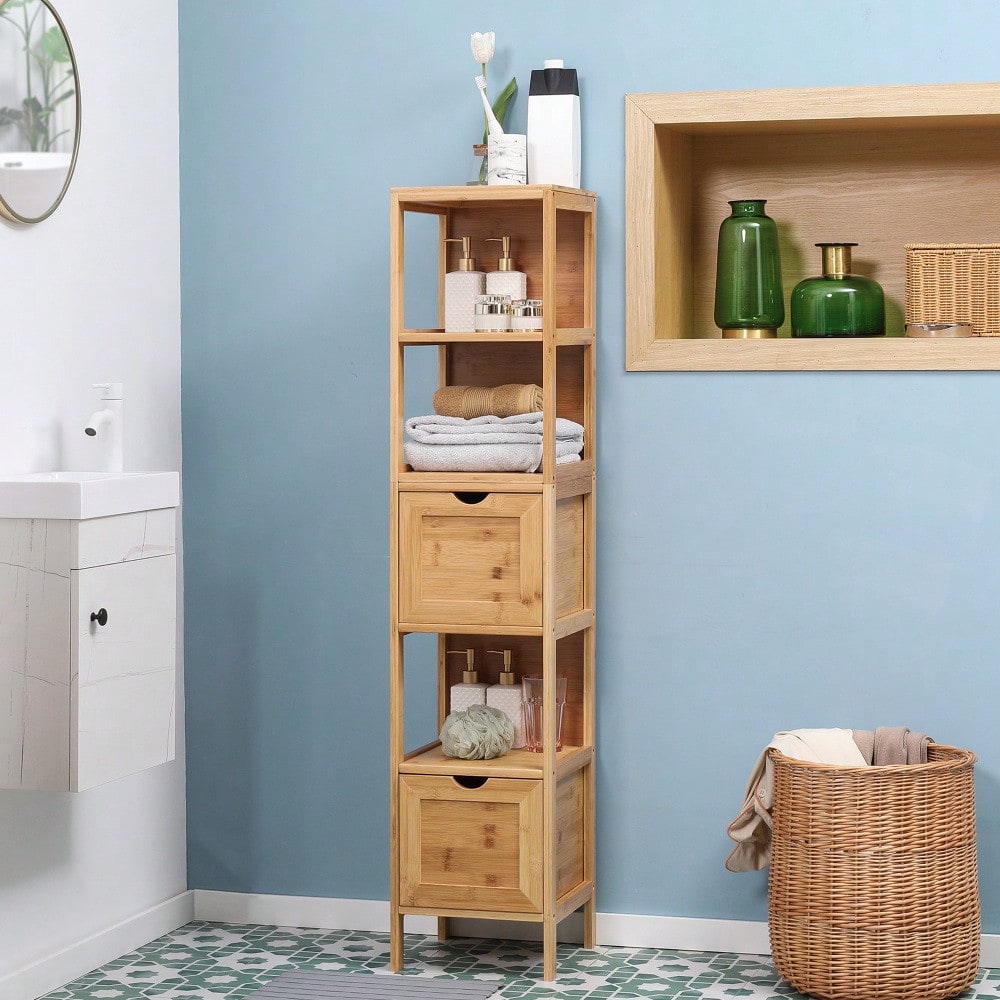Badezimmerschrank aus Bambus mit 3 Regalen & 2 Schubladen, höher Beistellschrank mit Kippschutz, für Bad und WC, natürlich - von kleankin