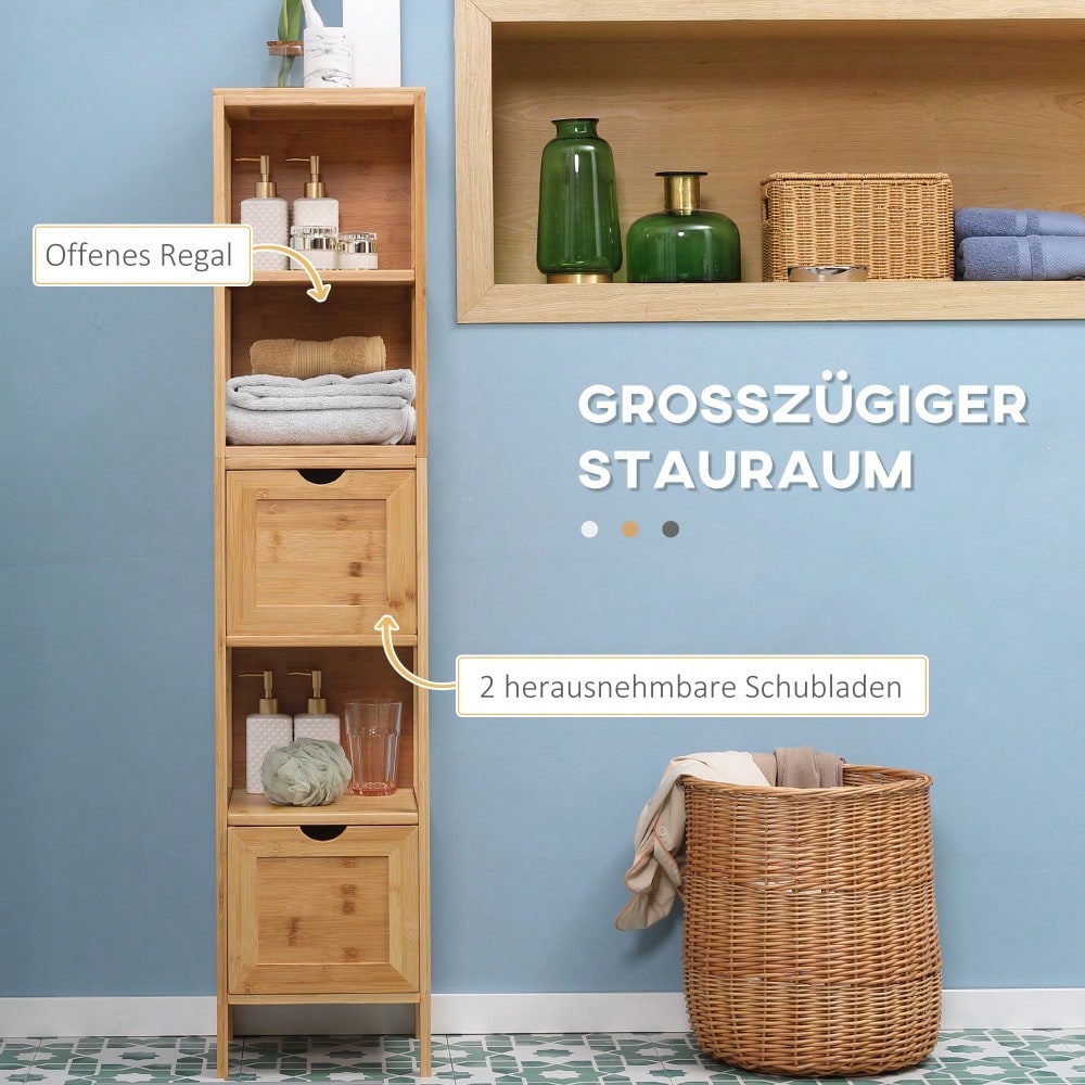 Badezimmerschrank aus Bambus mit 3 Regalen & 2 Schubladen, höher Beistellschrank mit Kippschutz, für Bad und WC, natürlich - von kleankin