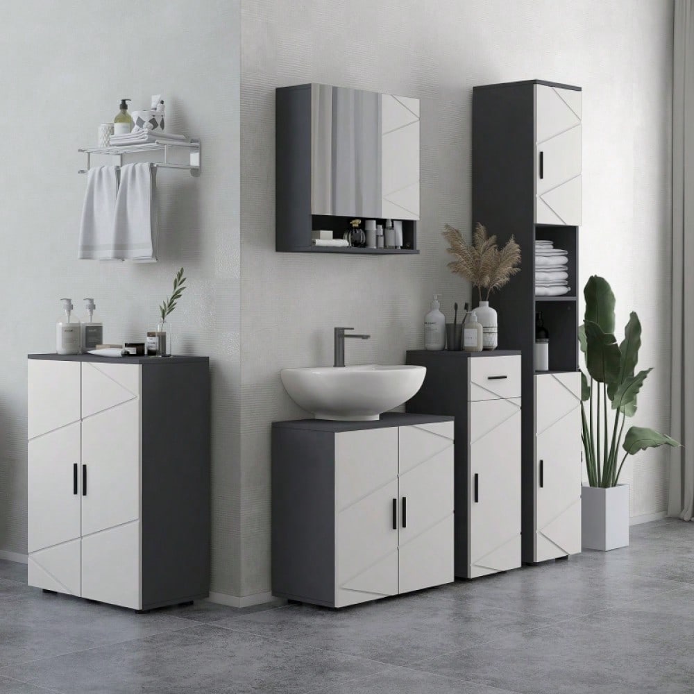 kleankin Badezimmerschrank mit Doppeltür & verstellbaren Ablagen, Badschrank Schminkunterschrank für Wohnzimmer, Aufbewahrungsschrank Grau, 60x30x82 cm