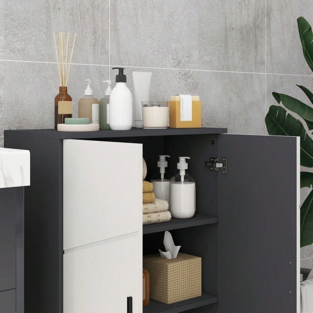 kleankin Badezimmerschrank mit Doppeltür & verstellbaren Ablagen, Badschrank Schminkunterschrank für Wohnzimmer, Aufbewahrungsschrank Grau, 60x30x82 cm
