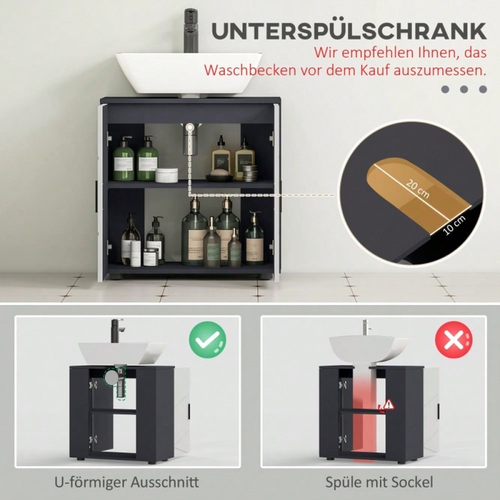 Waschbeckenunterschrank 60x30x60 cm mit verstellbarer Ablage & Kippschutz, Badmöbel mit Griff, grau - von kleankin