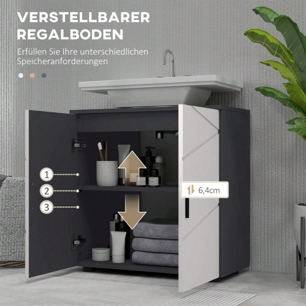 Waschbeckenunterschrank 60x30x60 cm mit verstellbarer Ablage & Kippschutz, Badmöbel mit Griff, grau - von kleankin