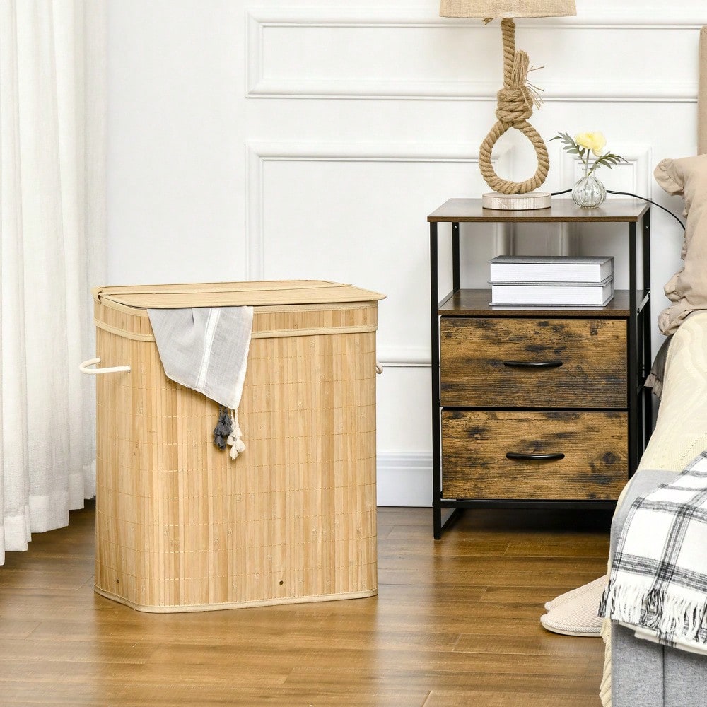 Bambus Wäschekorb mit Deckel 90-Liter, 2-Fächer-System & abnehmbarer Stoffbeutel, 54,2x35,2x59,5 cm - von HOMCOM