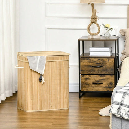 Bambus Wäschekorb mit Deckel 90-Liter, 2-Fächer-System & abnehmbarer Stoffbeutel, 54,2x35,2x59,5 cm - von HOMCOM