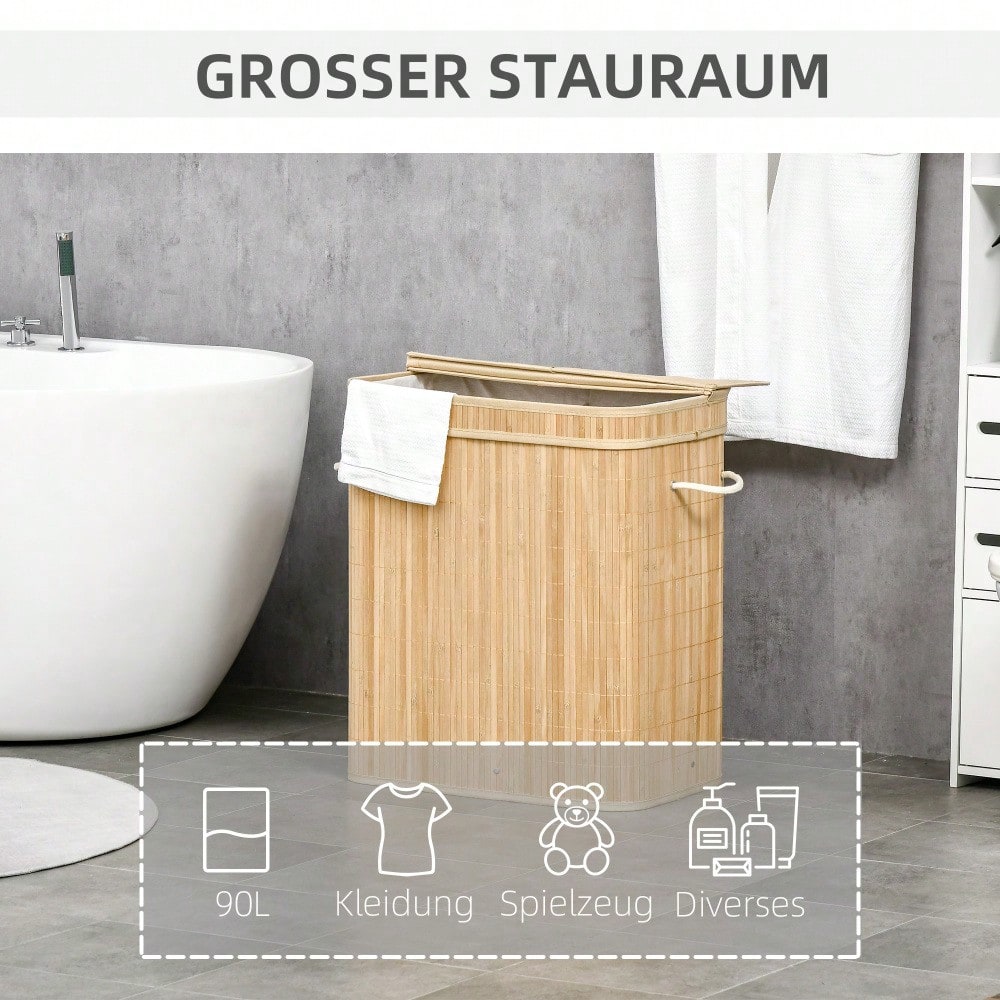 Bambus Wäschekorb mit Deckel 90-Liter, 2-Fächer-System & abnehmbarer Stoffbeutel, 54,2x35,2x59,5 cm - von HOMCOM