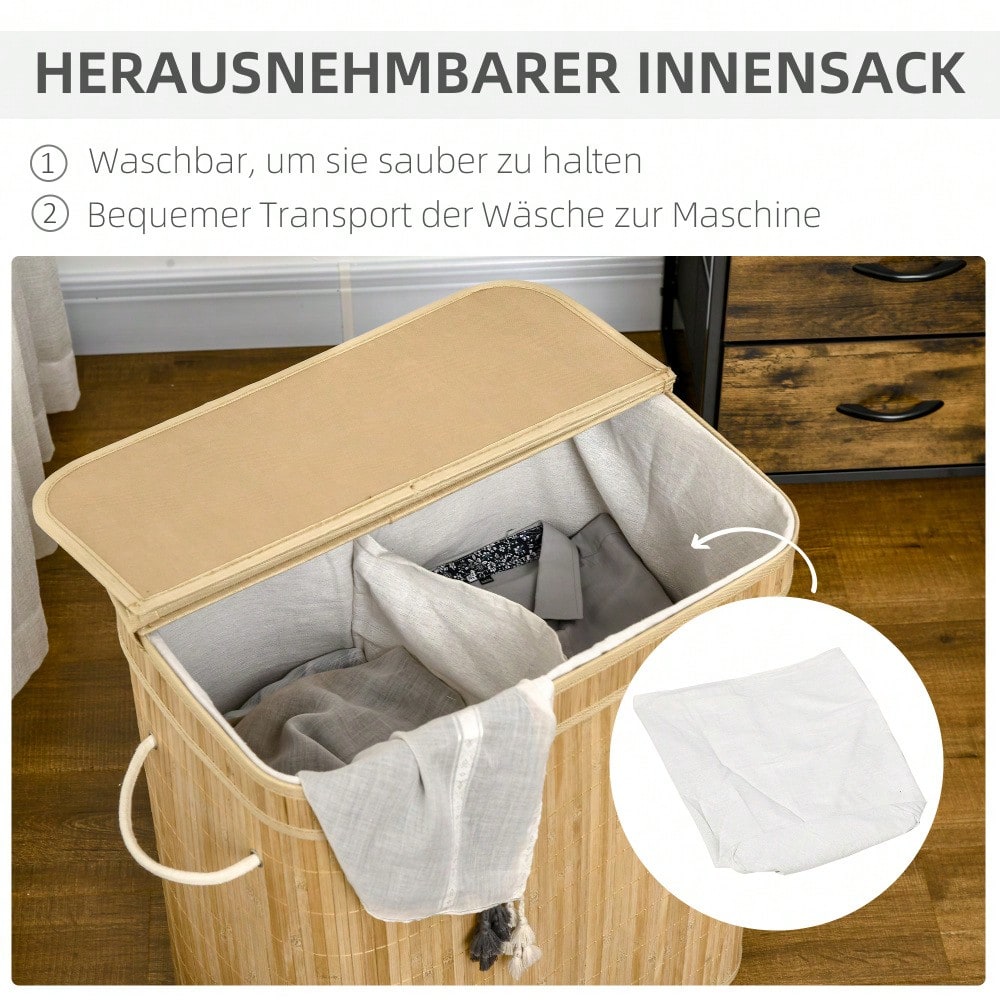 Bambus Wäschekorb mit Deckel 90-Liter, 2-Fächer-System & abnehmbarer Stoffbeutel, 54,2x35,2x59,5 cm - von HOMCOM