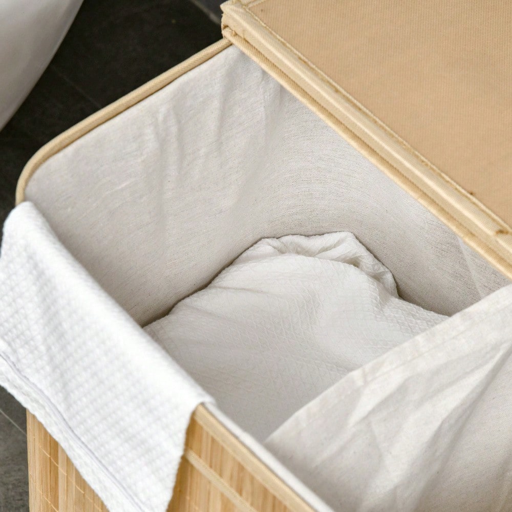 Bambus Wäschekorb mit Deckel 90-Liter, 2-Fächer-System & abnehmbarer Stoffbeutel, 54,2x35,2x59,5 cm - von HOMCOM