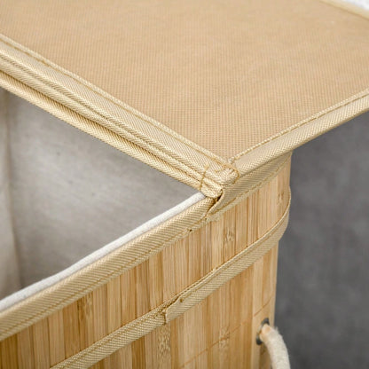 Bambus Wäschekorb mit Deckel 90-Liter, 2-Fächer-System & abnehmbarer Stoffbeutel, 54,2x35,2x59,5 cm - von HOMCOM