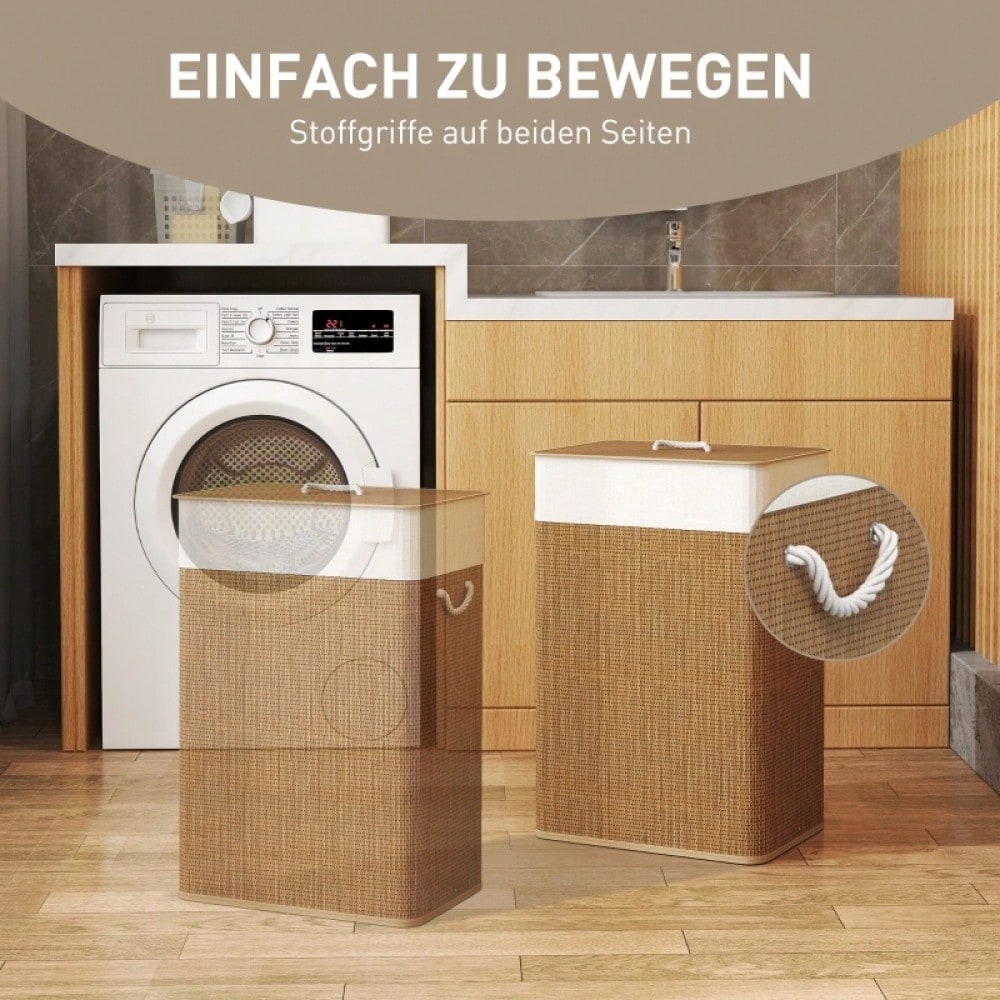 Bambus Wäschekorb 72-Liter mit Deckel & Trageseilen, herausnehmbarer Wäschesack mit Aufteilungsfunktion, für Waschküche, Schlafzimmer & Badezimmer, braun - von HOMCOM