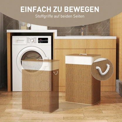 Bambus Wäschekorb 72-Liter mit Deckel & Trageseilen, herausnehmbarer Wäschesack mit Aufteilungsfunktion, für Waschküche, Schlafzimmer & Badezimmer, braun - von HOMCOM