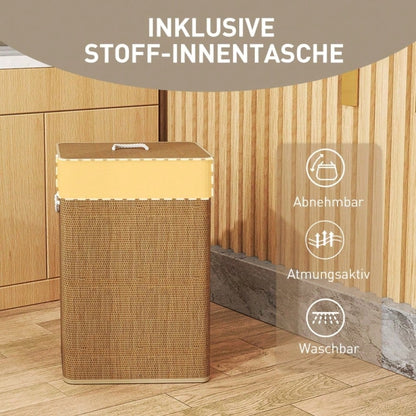Bambus Wäschekorb 72-Liter mit Deckel & Trageseilen, herausnehmbarer Wäschesack mit Aufteilungsfunktion, für Waschküche, Schlafzimmer & Badezimmer, braun - von HOMCOM
