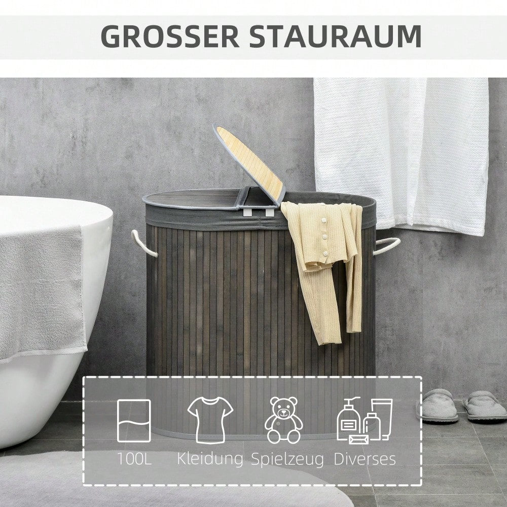 Bambus Wäschekorb 100-Liter mit Deckel & 2 Wäschesäcken, Sortierkorb mit Griffen für Waschküche, Bad & Schlafzimmer, grau - von HOMCOM