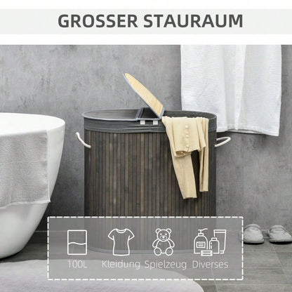 Bambus Wäschekorb 100-Liter mit Deckel & 2 Wäschesäcken, Sortierkorb mit Griffen für Waschküche, Bad & Schlafzimmer, grau - von HOMCOM