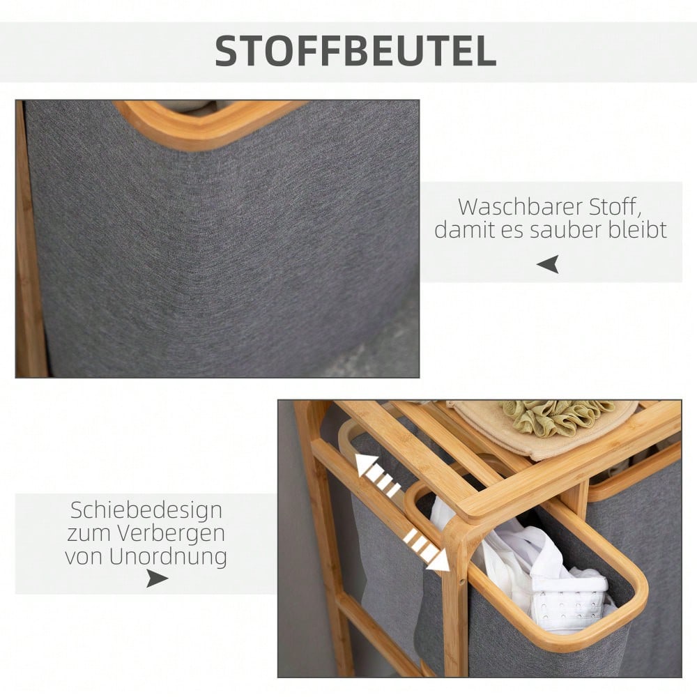 Bambus Wäschekorb mit Plattform & 3 abnehmbaren Wäschesäcken, Wäschesortierer 50x32x69,7 cm, grau/natur - von HOMCOM