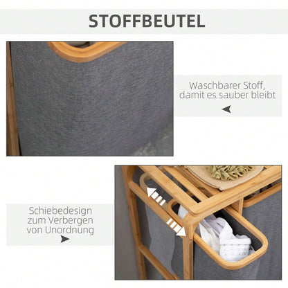 Bambus Wäschekorb mit Plattform & 3 abnehmbaren Wäschesäcken, Wäschesortierer 50x32x69,7 cm, grau/natur - von HOMCOM