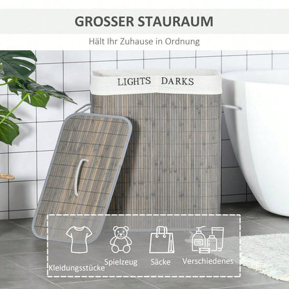 Bambus Wäschekorb 100-Liter mit 2 Fächern & klappbarem Deckel, waschbarer Tragebeutel, platzsparend, grau - von HOMCOM