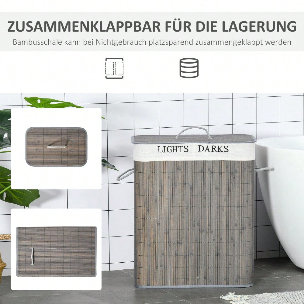 Bambus Wäschekorb 100-Liter mit 2 Fächern & klappbarem Deckel, waschbarer Tragebeutel, platzsparend, grau - von HOMCOM