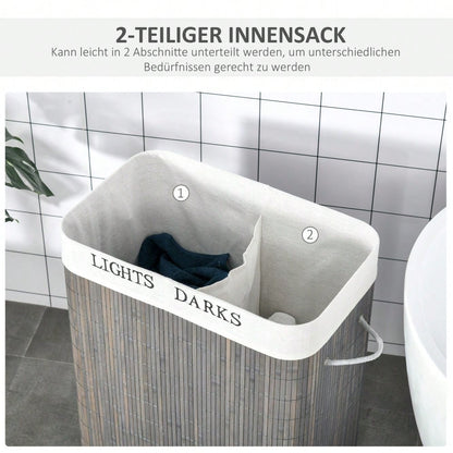 Bambus Wäschekorb 100-Liter mit 2 Fächern & klappbarem Deckel, waschbarer Tragebeutel, platzsparend, grau - von HOMCOM