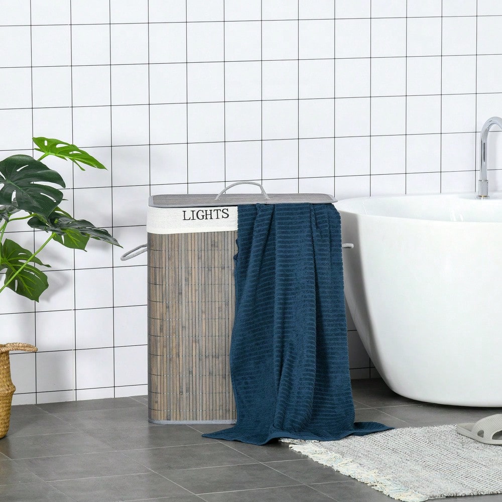 Bambus Wäschekorb 100-Liter mit 2 Fächern & klappbarem Deckel, waschbarer Tragebeutel, platzsparend, grau - von HOMCOM