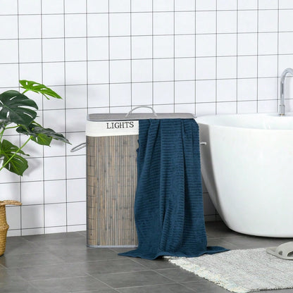 Bambus Wäschekorb 100-Liter mit 2 Fächern & klappbarem Deckel, waschbarer Tragebeutel, platzsparend, grau - von HOMCOM