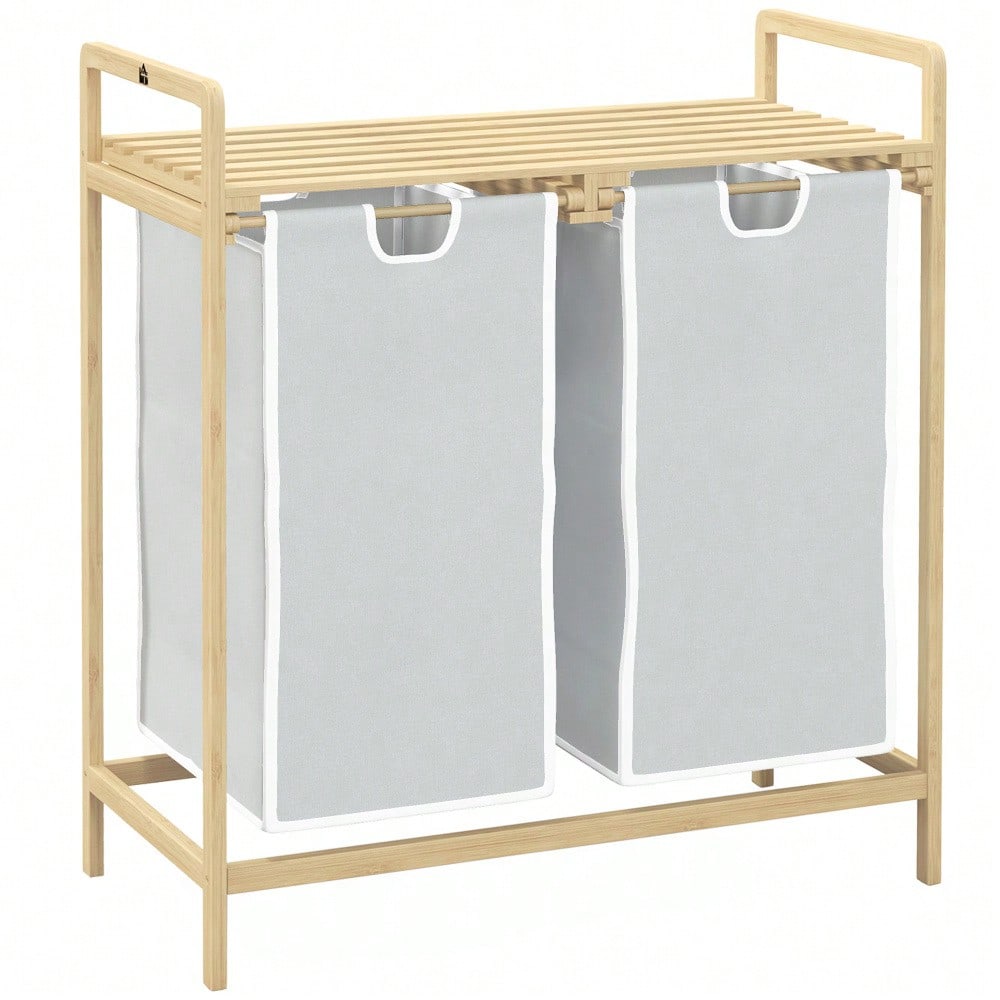 Bambus Wäschekorb mit 2 abnehmbaren Wäschesäcken, für Badezimmer, cremefarben, 63,5x33x73 cm - von HOMCOM