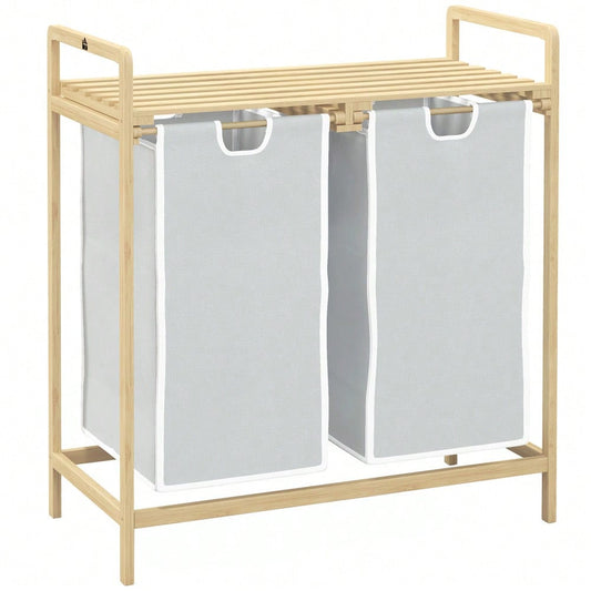 Bambus Wäschekorb mit 2 abnehmbaren Wäschesäcken, für Badezimmer, cremefarben, 63,5x33x73 cm - von HOMCOM