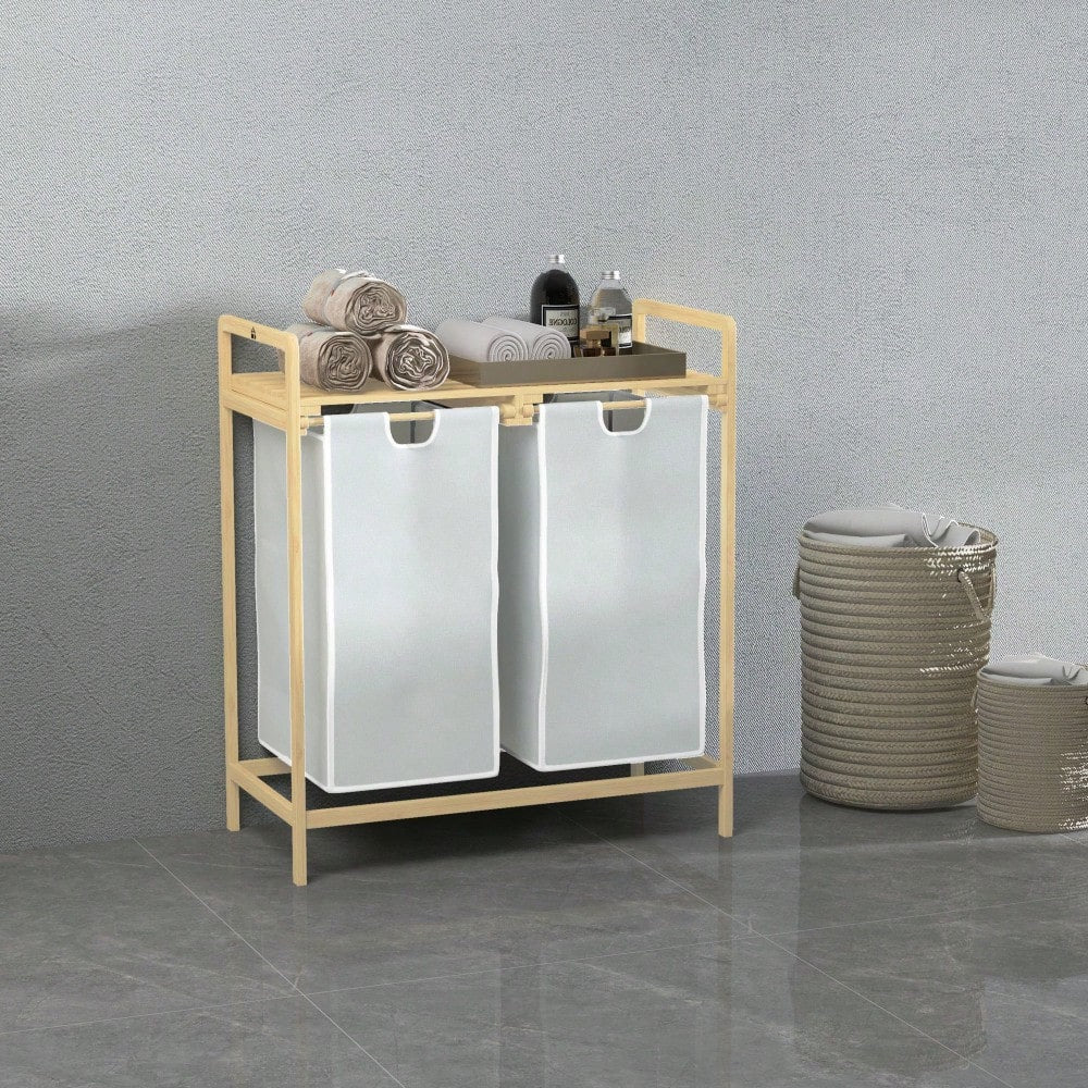 Bambus Wäschekorb mit 2 abnehmbaren Wäschesäcken, für Badezimmer, cremefarben, 63,5x33x73 cm - von HOMCOM