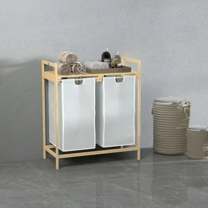 Bambus Wäschekorb mit 2 abnehmbaren Wäschesäcken, für Badezimmer, cremefarben, 63,5x33x73 cm - von HOMCOM